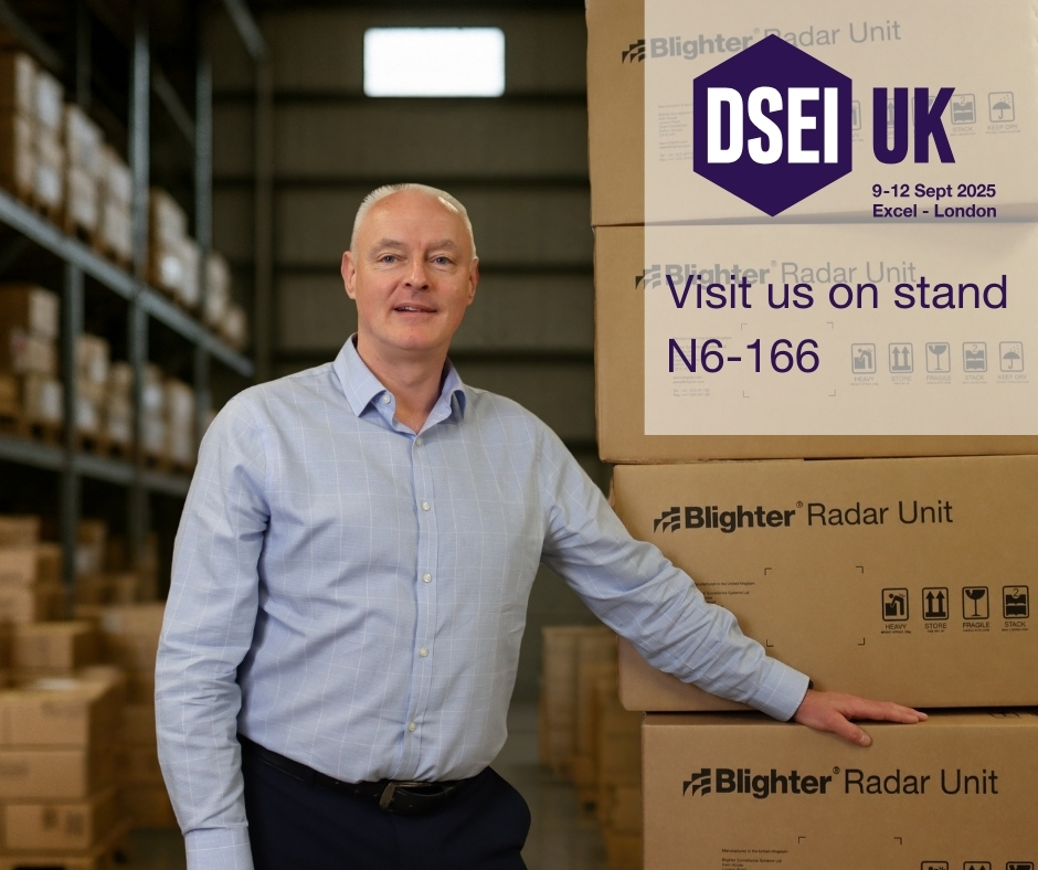 Blighter CEO James Long with our B400 Series Radars. We will be showcasing these at DSEI 2025